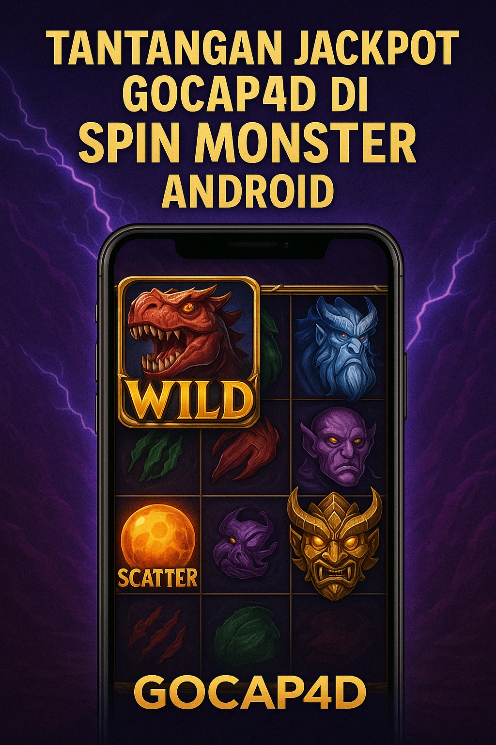 Ilustrasi game Spin Monster Android dari Gocap4d dengan simbol Wild dan Scatter, menampilkan slot bertema monster dalam tampilan HD di layar ponsel